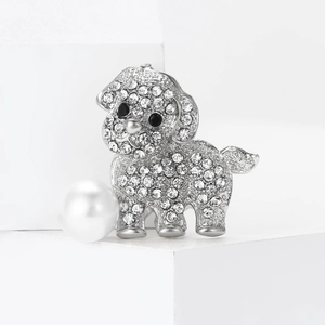 Fashionable silver dog brooch with sparkling rhinestones and a white pearl accent