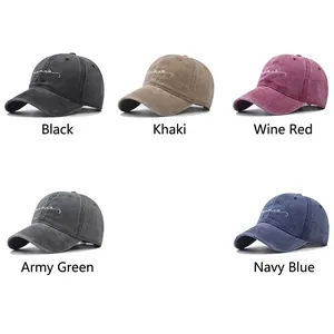 Distressed washed cotton baseball caps with minimalist letter embroidery in five colors