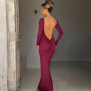 Elegant backless burgundy long sleeve slim fit maxi dress with ruched details