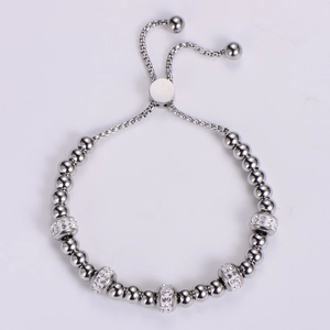 Adjustable silver stainless steel bead bracelet with sparkling rhinestone accents