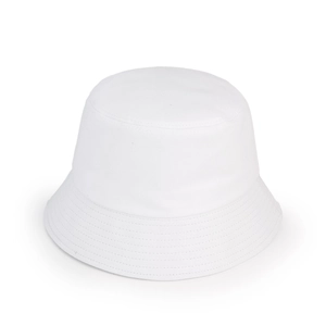 Detail view of white canvas bucket hat featuring parallel stitching on the brim