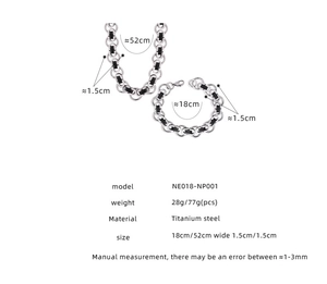 Detailed size specifications for punk geometric chain necklace and bracelet jewelry set