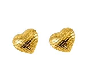 Close-up of gold heart stud earrings with detailed vertical striped metal texture