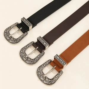 Vintage western-style belts with engraved silver buckles in black and brown leather
