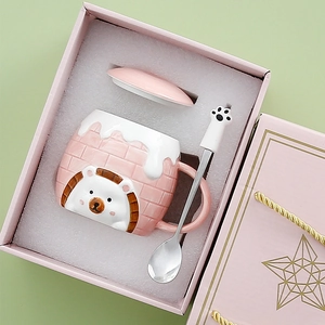 Ceramic Mug With Lid And Spoon 3D Relief Hedgehog Cartoon Coffee Cup For Home Office Cute Gift Box