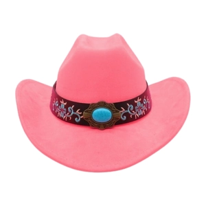 Detail of pink cowboy hat featuring blue floral embroidery and turquoise gemstone