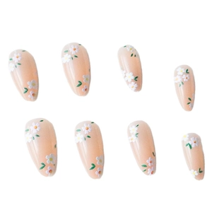 Elegant almond press-on nails featuring white daisy patterns and green leaves on pink base