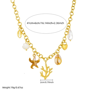 Collier marin doré avec pendentifs étoile de mer, coquillage et corail, 41cm