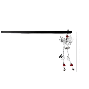 Elegant Chinese butterfly tassel hair pin with silver charms on black wooden stick