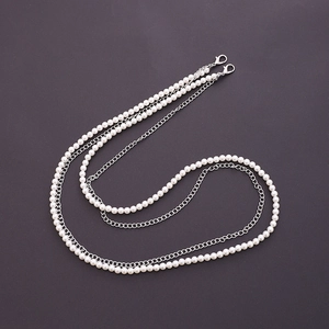 Elegant double-layered silver metal chain and white pearl strap with lobster clasps
