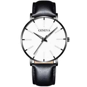Detail of Geneva minimalist watch with black leather strap and white dial for men