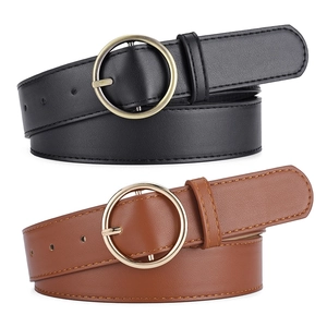 Women minimalist PU leather belts with round gold buckles in black and brown colors