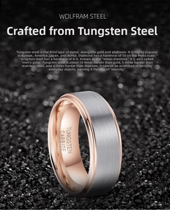 Brushed grey tungsten steel ring with polished rose gold interior on dark gravel