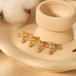 Cross Stud Earrings 18K Gold Plated Stainless Steel Inlaid Rhinestone And Artificial Pearl High-End Fashion For Women