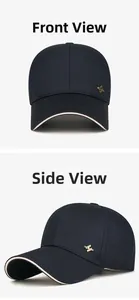 Close-up of navy blue baseball cap with stiff crown and contrasting beige brim piping