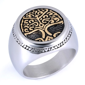Two-tone stainless steel Tree of Life signet ring with gold and silver polished finish
