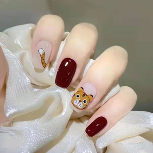 Cute Cartoon Tiger Press On Nails Red Short Square Round Artificial Fake Nails Glossy Manicure Decoration For Women