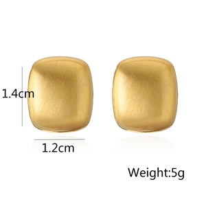 Macro detail of brushed gold square earrings showing 1.4cm by 1.2cm size and 5g weight