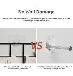 Transparent adhesive wall hook showing drill-free installation for metal storage racks