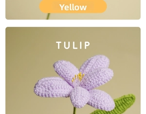 Close-up of handmade crochet tulip petals with soft knit texture and intricate stitching