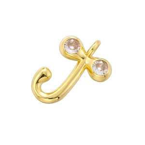Detailed view of an 18K gold plated letter J pendant with sparkling zircons on white backdrop