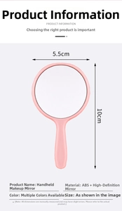 Pink mini handheld makeup mirror dimensions showing 5.5cm diameter and 10cm total height