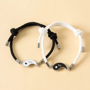 Yin Yang braided cord bracelets for couples with adjustable black and white alloy pendants