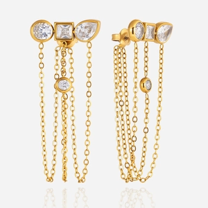 Stainless Steel Tassel Earrings For Women Geometric Rhinestone Inlay Gold Plated Long Chain Drop Earrings Elegant Fashion Jewelry