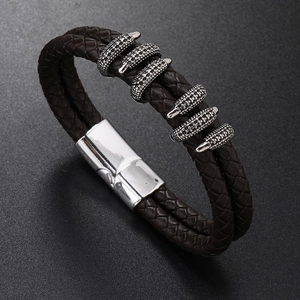 Men's double-wrap brown leather braided bracelet with silver-tone metal charms