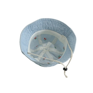 Toddler light blue denim bucket hat with cute red cherry embroidery and chin strap
