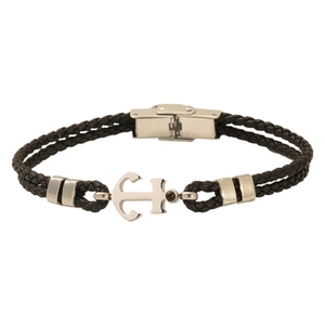 Bracelet nautique pour homme en cuir tressé noir avec fermoir ancre en métal argenté