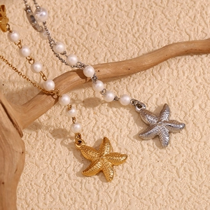 Stainless Steel Starfish Artificial Pearl Asymmetric Pendant Necklace 18K Gold Plated Dotted Marine Theme Jewelry For Women