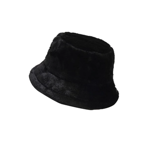 Minimalist black plush bucket hat for women showing a side view on a white background