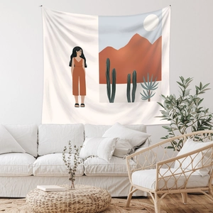 Boho tapestry detail featuring desert woman illustration on minimalist white wall