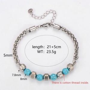 Men's stainless steel dragon bone chain bracelet with blue tiger eye beads, 21+5cm length