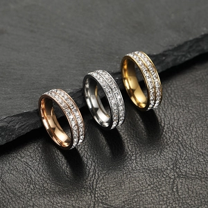 Stainless steel rings in gold, silver and rose gold with double row zircon pavé settings
