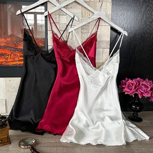 Elegant long satin sleepwear set with lace trim in black, burgundy and white colors