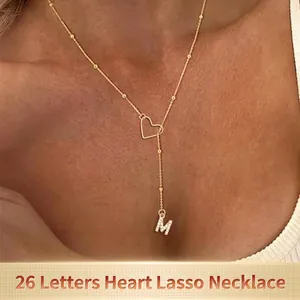 Gold heart lariat necklace with iced-out rhinestone initial M pendant for women