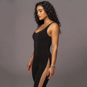 Detail of black cut-out bodysuit with side hollow design and elastic bodycon fit