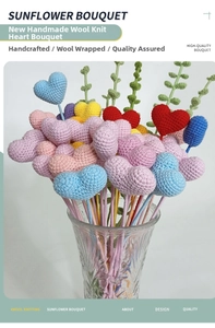 Macro detail of handmade crochet heart bouquet showing intricate knitted yarn texture
