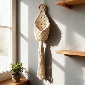 Bohemian Macrame Wall Hanging Basket Cotton Rope Hand Woven Plant Holder Wood Ring Long Tassel Nordic Home Decor Storage
