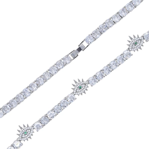 Hip hop silver tennis chain with green zircon eye pendants and sparkling round stones