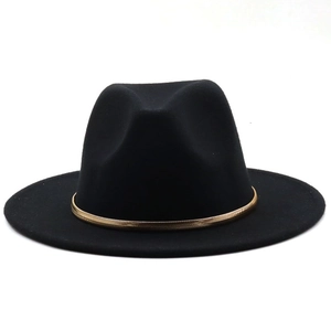 Close-up of black wool fedora featuring a vintage gold snake chain trim decoration