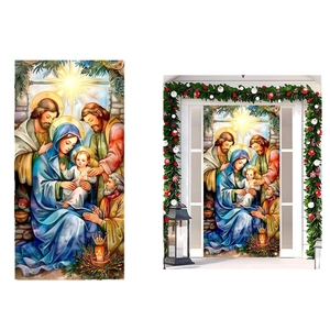 Vertical Christmas door banner with Nativity scene religious print for outdoor holiday decor