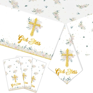 God Bless Religious Party Tableware Disposable Pink Floral Gold Glitter Cross Baptism Holy Communion Celebration