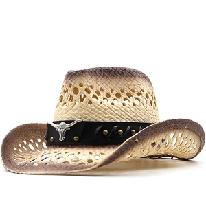 Hollow Out Paper Straw Cowboy Hat Western Wide Brim Bull Head Metal Decor Sun Protection Breathable For Men Women