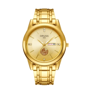 Golden quartz watch for men featuring a nautical sailboat dial and day-date display