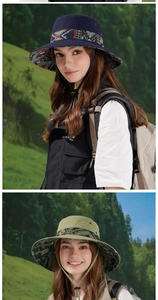 Detail von Denim Sonnenhüten in Navy und Olive mit Ethno-Webband und Kinnriemen