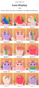 Detailed display of 15 colorful silicone unicorn pop-it mini crossbody bags for kids