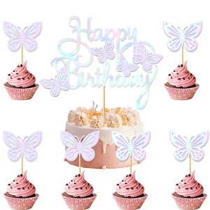 Butterfly Happy Birthday Cake Topper Set Glitter Laser Paper Butterfly Cupcake Toppers For Birthday Party Cake Decorations
